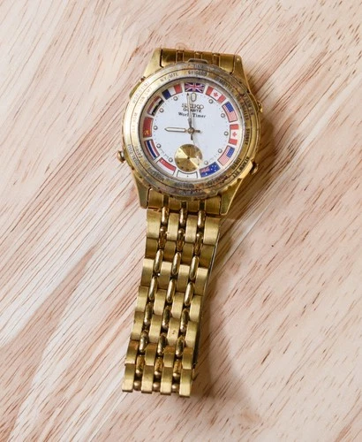 Vintage SEIKO World Timer 8V22 7009 Quartz Gold Plate Alarm Watch AS IS REPAIR