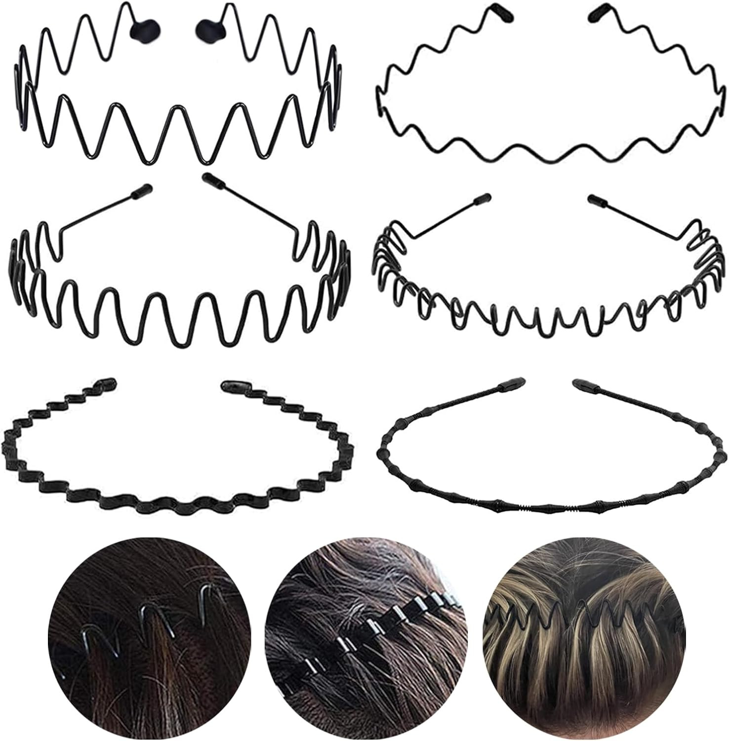 6Pcs Hair Band for Men Metal Hair Hoop, Black Spring Non-Slip Elastic Wave Mens