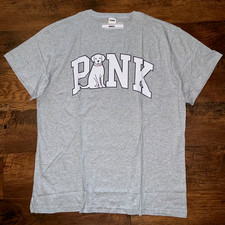 Victoria's Secret Pink Campus Short Sleeve Tee Shirt Gray Puppy Dog Logo L NWT
