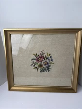 Vintage Floral Needlepoint Art Framed Bouquet Embroidery Flowers 18"x16"