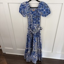 Farm Rio Tiered Maxi Dress-XS-Blue&White-Belted-Beaded Buttons