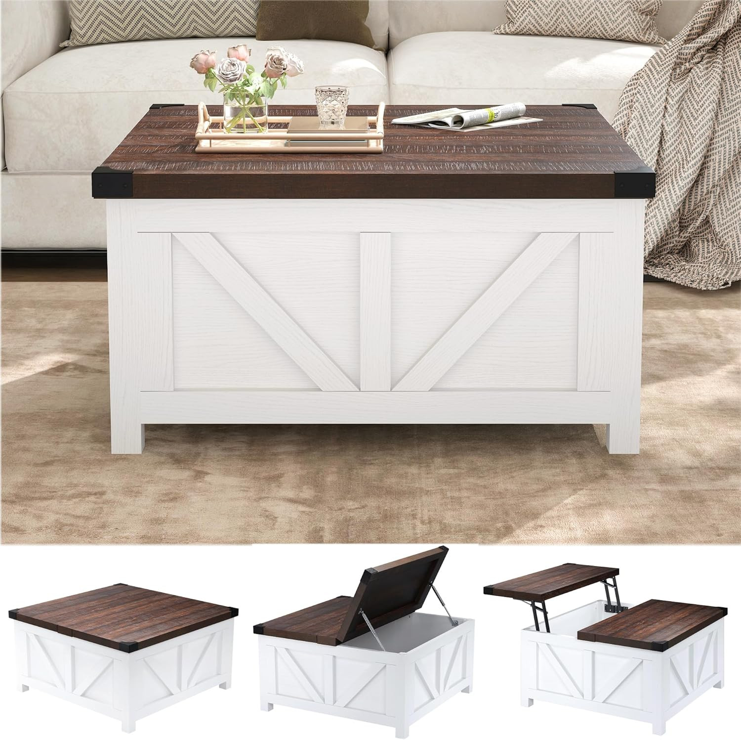 Farmhouse Lift Top Coffee Table with Storage, Wood Square Center Table with Char