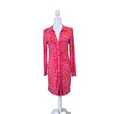 Sanctuary CD1615MZ3 Shirt Dress M Pink Orange Swirl Ruched Long Sleeve