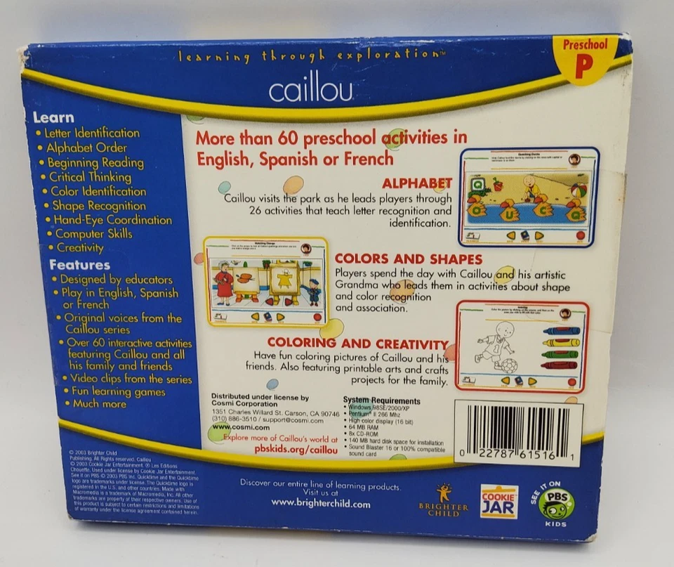 Caillou Preschool PC CD-ROM 2003  Learning Game English Spanish French ~ NEW - Image 3 of 4