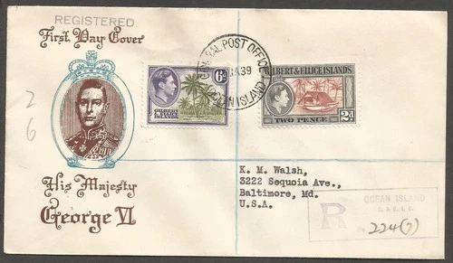 GILBERT AND ELLICE ISLANDS 1939 FDC Registered Ocean Island to USA Cachet