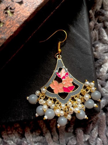 Indian ethnic chandelier floral enamel design earring - Picture 2 of 3
