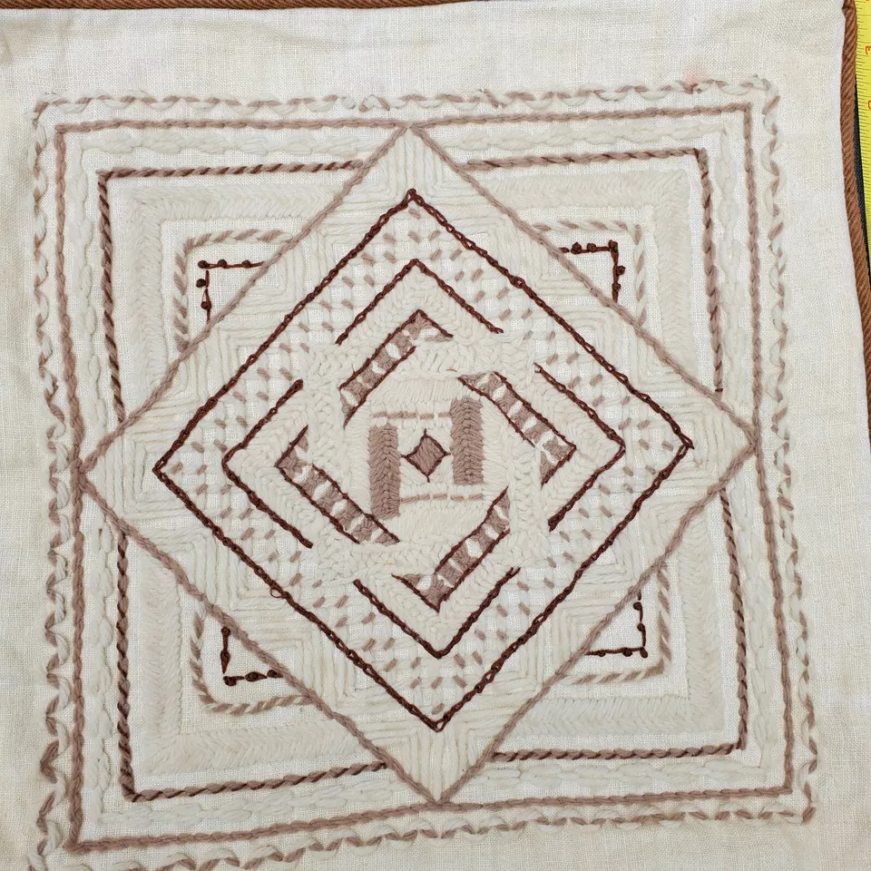 Vintage Crewel Embroidered Geo Throw Pillow Cover Brown Piping Handmade 16 In - Image 4 of 4