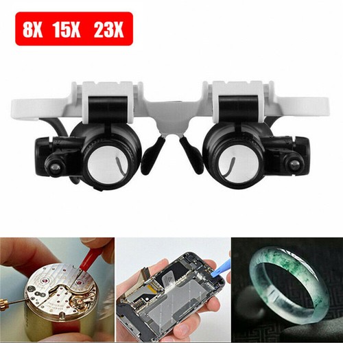  Eye Glass Magnifier 10X/15X/20X/25X Magnifying 2 LED Loupe Jeweler Watch Repair - Afbeelding 1 van 9