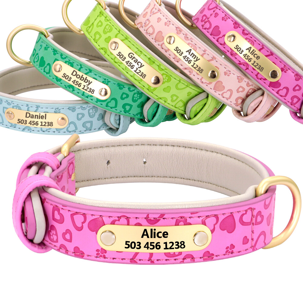 Soft Leather Dog Collars Personalized ID Name Tag Engraved for Small Large  Dogs