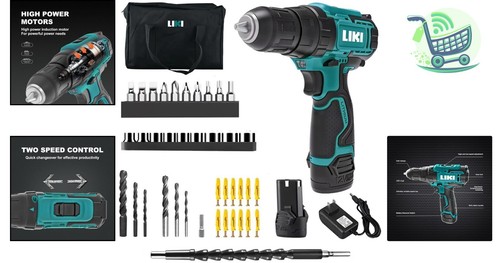 Ergonomic 12V Power Drill Kit - Versatile 3/8" Keyless Chuck & LED Light - Picture 2 of 10