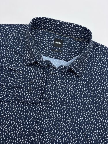 Hugo Boss Shirt Men XXL Navy Blue Slim Fit All Over Print Geometric Feather