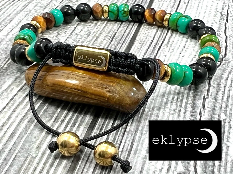 Hip Macrame Adjustable 6mm Tigers Eye+Turquoise Gemstone Bead Gold Men Bracelet - Image 2 of 4