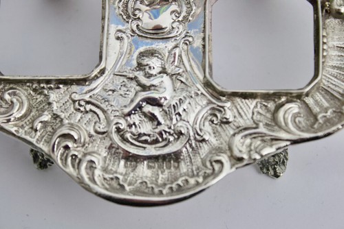 Antico cherubino doppio calamaio in argento massiccio fuso 1900 108g - Foto 7 di 24