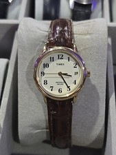 Women Timex Watch Easy Reader Indiglo Brown Band Gold Case Beige Face New Batt