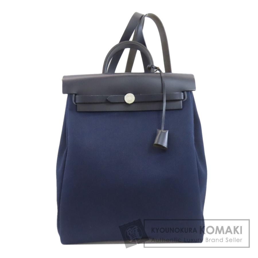 HERMES Herbag Zip Add MM Silver Toile Officier Handbag Navy Women's Auth image 2
