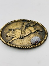 Vintage Western Rodeo Belt Buckle Bronco Rider Cowboy Gold Tone 1.5”