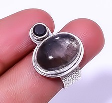 Black Rutilated Quartz - Srilanka  Onyx 925 Sterling Silver Ring Adjustable 60