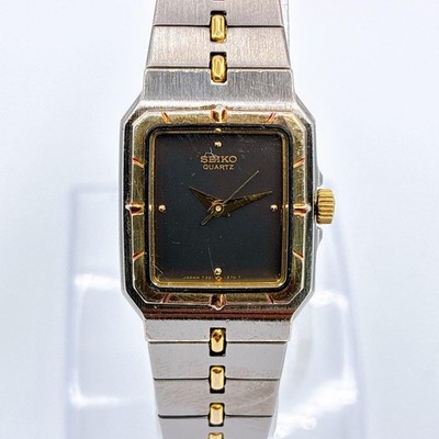 Seiko 7321-5820 Vintage Ladies Square Quartz 1985 Black Dial Gold Accents