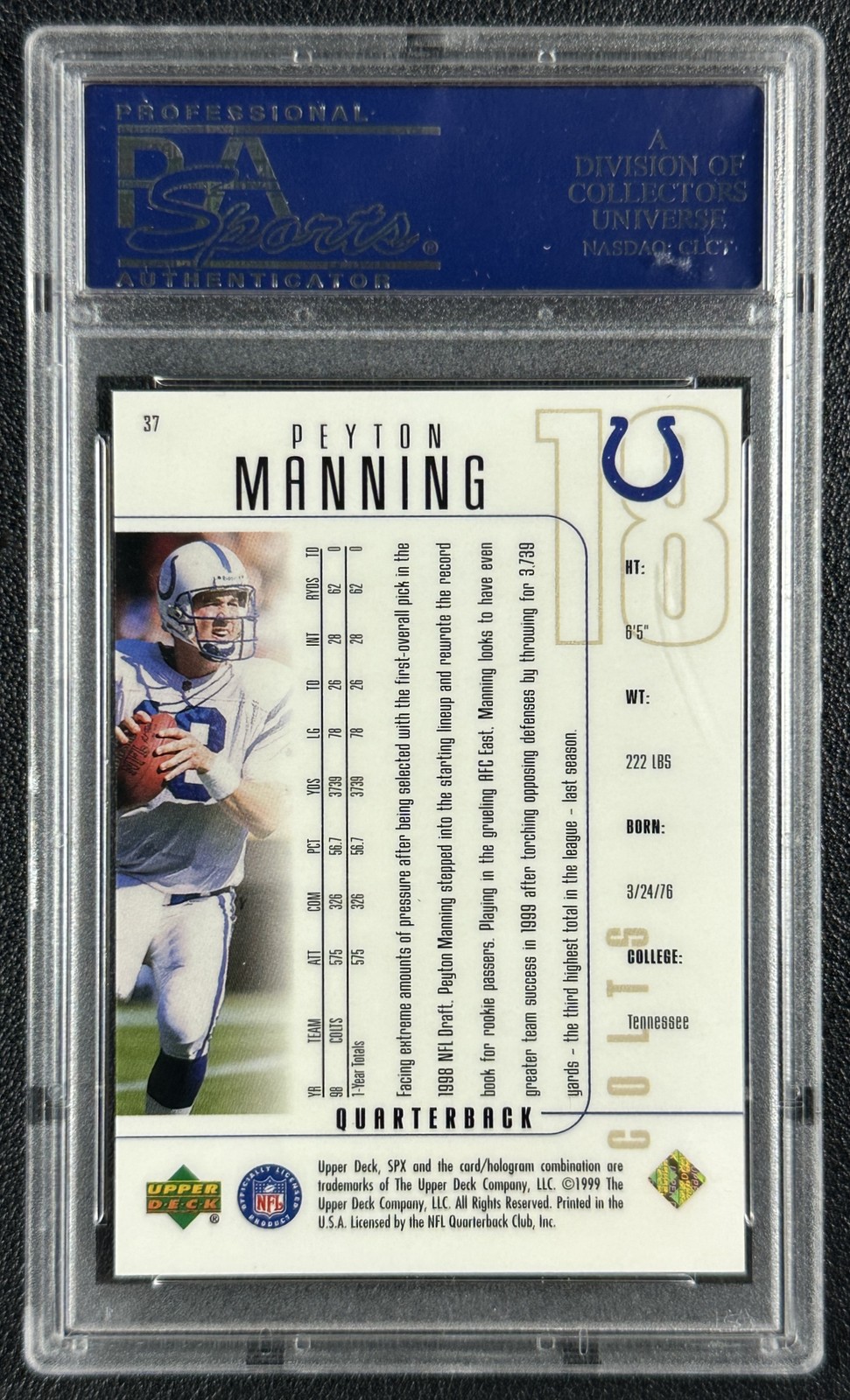PEYTON MANNING PSA 10 1999 SPX FOOTBALL #37 COLTS 8575 view 2