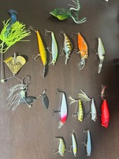 Bass Fishing Lure & Worm Set with Box, 15 Lures, 5 Worm Bags, Used