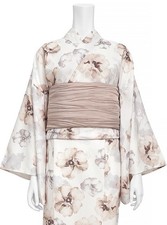 Two-Piece Japan Yukata 4pc Set Ivory Beige Watercolor Floral Dress Obi Bow New