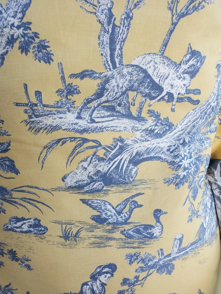 2 Vintage Toile French Country Life Accent Pillows Square Yellow Blue 20" x 20" - Image 3 of 4