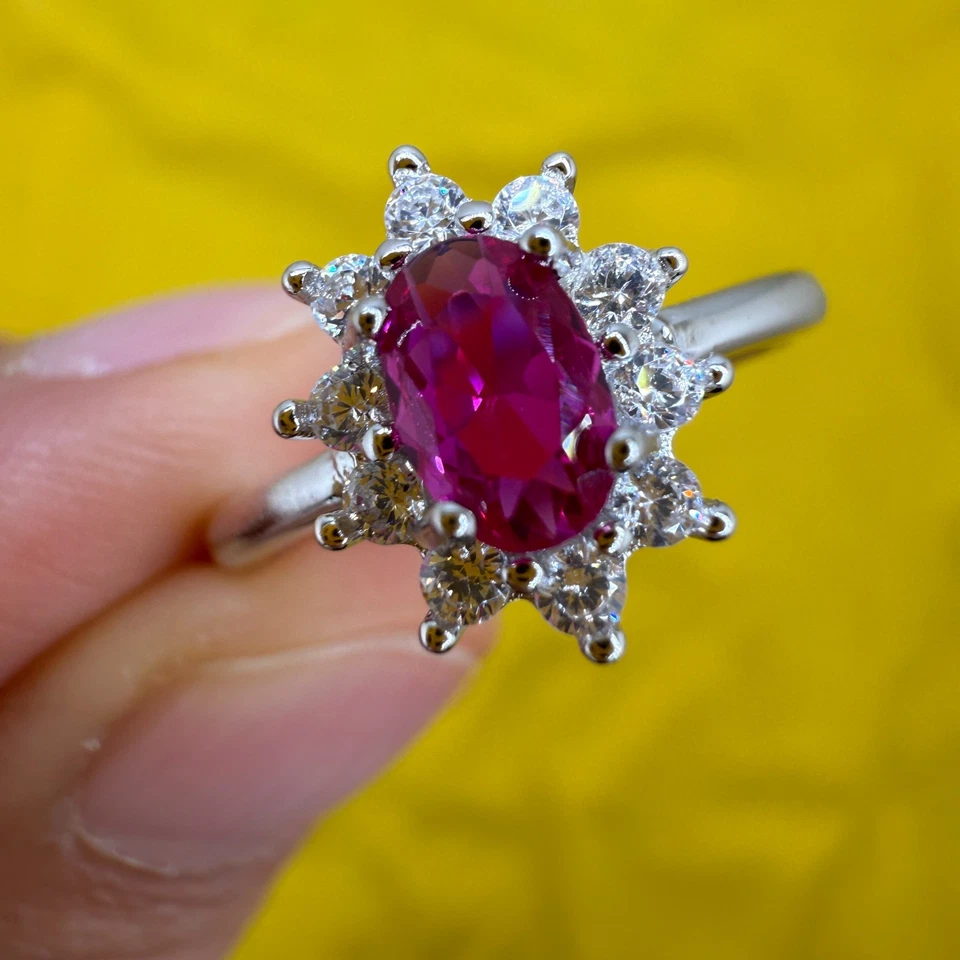 Anillo de plata de ley 925 6x4 mm rosa circón natural piedras preciosas regalo nupcial mujer Foto 4 de 4