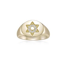 18K Yellow Gold Plated Silver Jewish Star of David Signet Ring with Lab Diamond