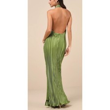 NWT Lulus Gwenny Lime Green Satin Plisse Maxi Dress Sz Small