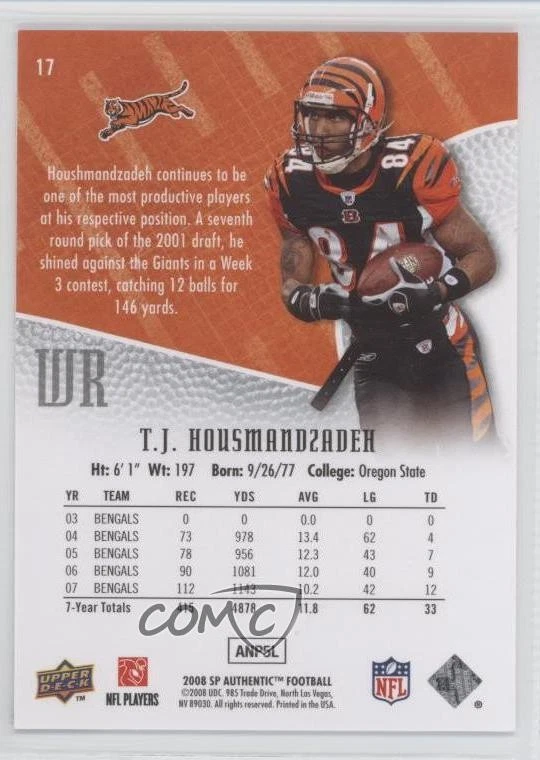 2008 SP Authentic TJ Houshmandzadeh #17 - Image 2 of 2