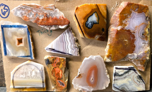 Assorted Agate, Cabochon Slabs, Preforms, Slices, 9 pcs, Flat 65