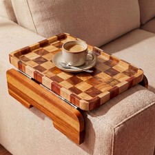 Couch Arm Table Checkered Acacia Wood Sofa Armrest Tray 13.75" x 9.5" Clip on