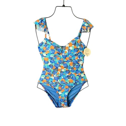NWT Decree Blue One Piece Swimsuit Isla Ideal Seashell Print Size Small