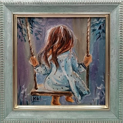 Original Oil Painting Girl on a Swing Miniature Naive Art Signed Cheap Gifts 4*4
