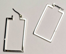 Silver Plated Rectangle Hoop Earrings Pierced Jewelry 1.5" Rhinestones Crystal