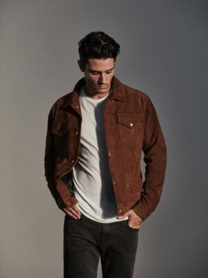 Mens Brown Leather Trucker Jacket Pure Suede Custom Made Size S M L XL 2XL 3XL