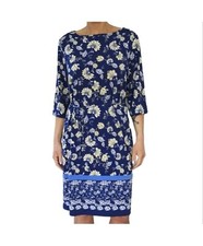 Liz Claiborne Blue Floral Print Midi Dress Blue 3/4 Sleeve Size Large Belt 90’s