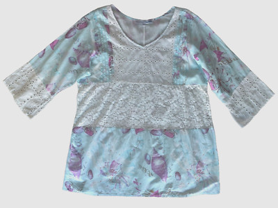 Colori De Mare Italian Kaftan TunicTop Blouse Shirt Cotton FS XL 1X CoverUp LACE