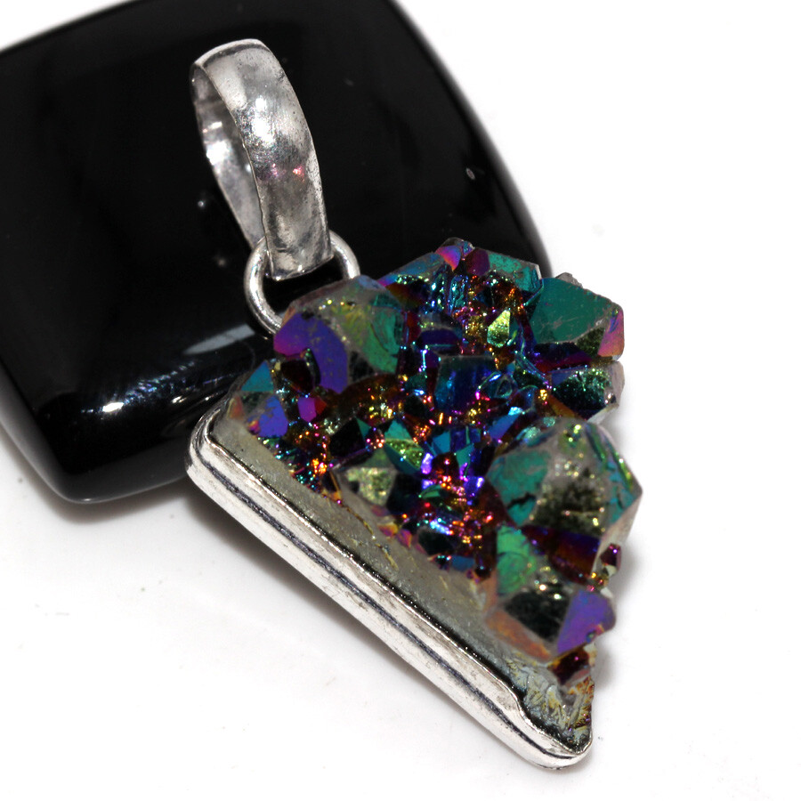 Titanium Druzy 925 Silver Plated Gemstone Pendant 1.5
