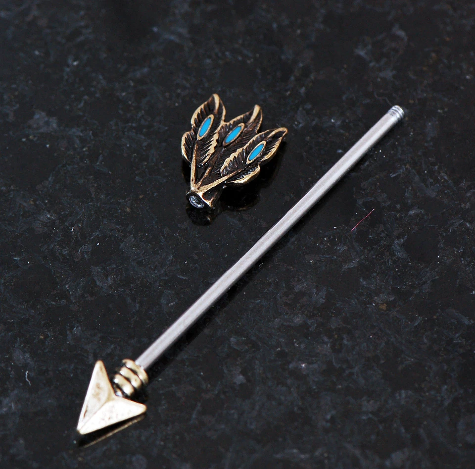 Triple Feather Arrow Turquoise 316L Surgical Steel Industrial Barbell 14g 1.5" - Image 2 of 3