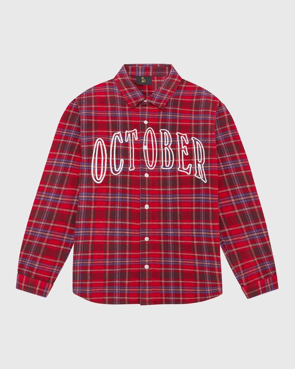October's Very Own OVO Flannel Shirt Red Holiday Plaid Drake Black