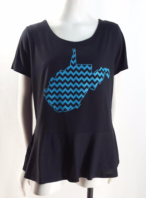 West Virginia Top Black w Blue Striped Outline Map Flared Hem Tshirt WV L  T725