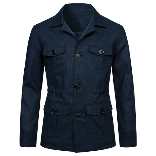 Chic Men's Linen Safari Jacket Pockets Slim Fit Hunting Coat Casual Tops British - Picture 8 of 28