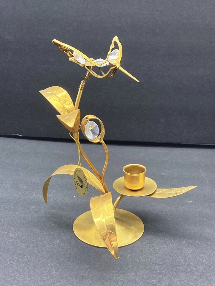 Antigo suporte de vela anos 90 mascote EUA cristal austríaco beija-flor banhado a ouro 24K 8” - Imagem 2 de 4