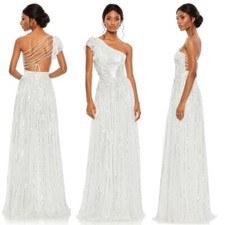 Mac Duggal NEW Sequined One Shoulder Flutter Sleeve A-line Gown White Size 6