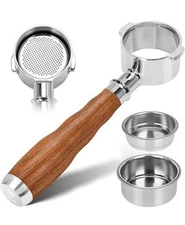 51mm Bottomless Portafilter w/ 2 Filter Baskets for DeLonghi - Walnut Handle