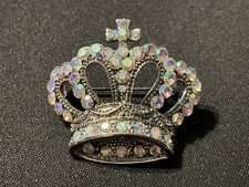 A/B Crystal Crown W/ Cross On Top Silver Tone Brooch