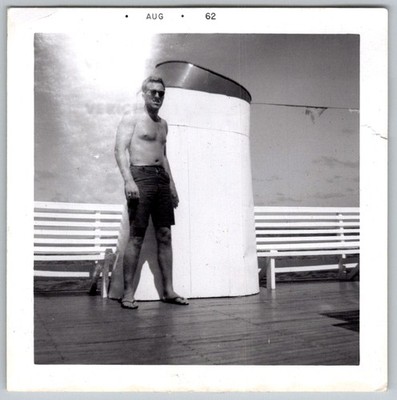 Vtg B&W Snapshot Shirtless Man In Swim Trunks On Ship Deck With Funnel 1950s