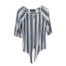 Rain Womens Small Distressed Stripes Blouse Front Tie Hem Short Sleeve Business