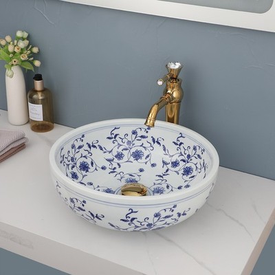 16 Inch Vessel Sink Blue and White Ceramic Bathroom Sinks with Faucet and Drain